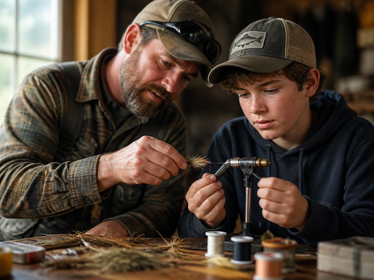 A guide and a teenager tying a fly together at a wooden bench