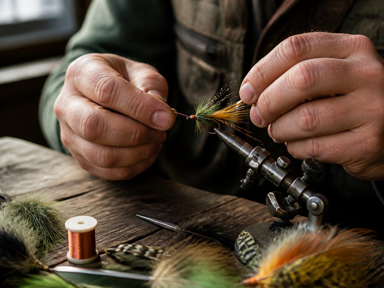Hands tying a fly fishing lure at a wooden bench